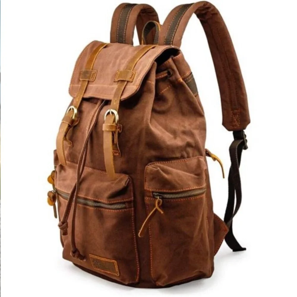 21L Vintage Canvas Backpack Leather Rucksack Knapsack 15inch Laptop Tote Satchel